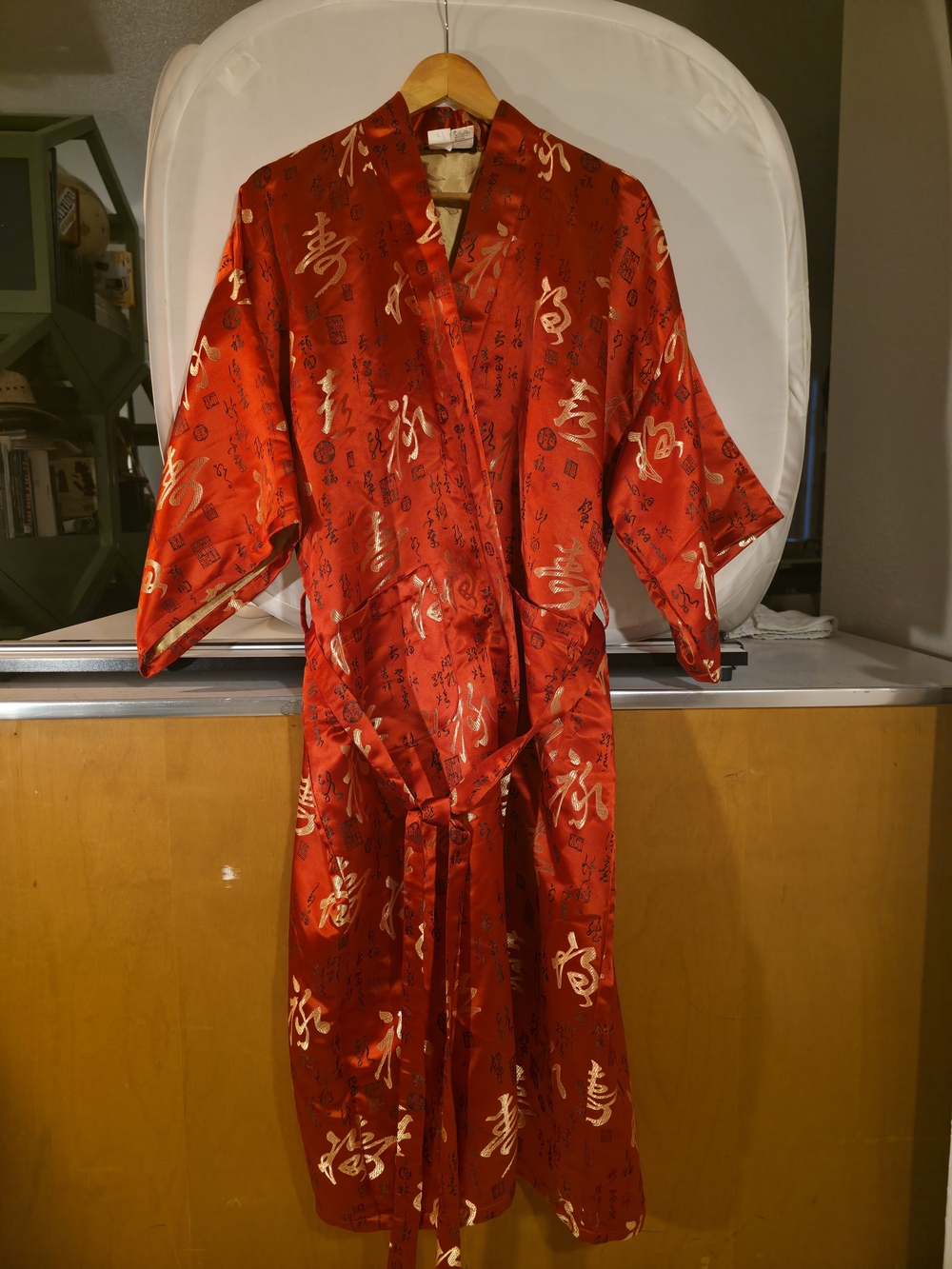 Title Suggestion:
Vintage Tangyu Red Gold Satin Kimono Robe Calligraphy